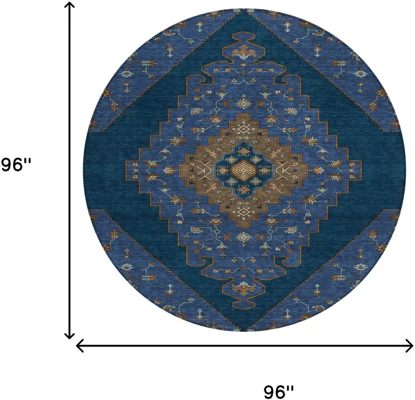 8' Navy Blue And Teal Blue Round Geometric Washable Indoor Outdoor Area Rug Photo 8