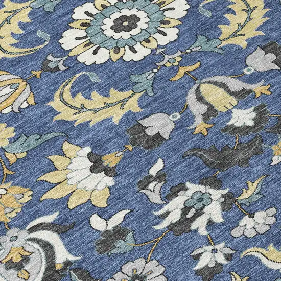 8' Navy Blue And Wheat Round Floral Medallion Washable Indoor Outdoor Area Rug Photo 7
