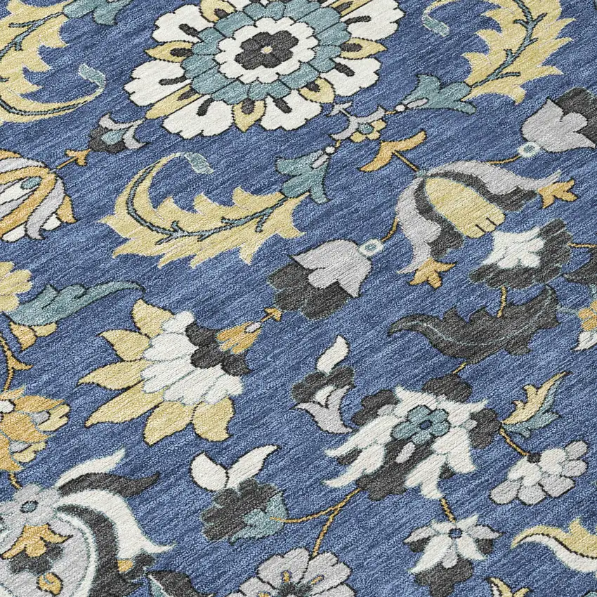 8' Navy Blue And Wheat Round Floral Medallion Washable Indoor Outdoor Area Rug Photo 7