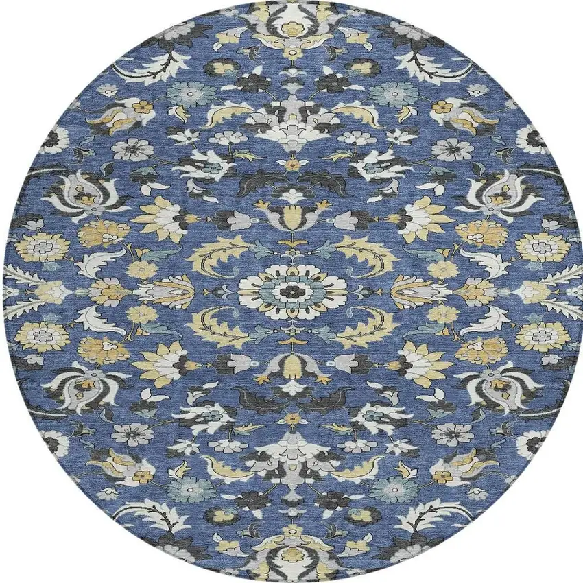 8' Navy Blue And Wheat Round Floral Medallion Washable Indoor Outdoor Area Rug Photo 2