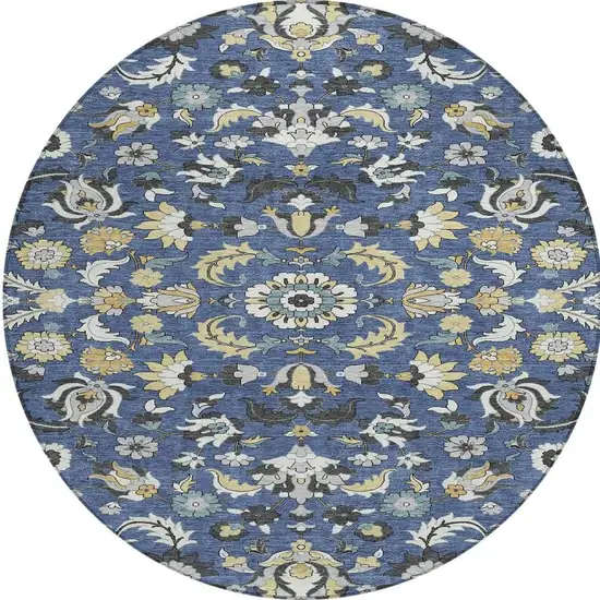 8' Navy Blue And Wheat Round Floral Medallion Washable Indoor Outdoor Area Rug Photo 2