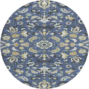 Photo of 8' Navy Blue And Wheat Round Floral Medallion Washable Indoor Outdoor Area Rug