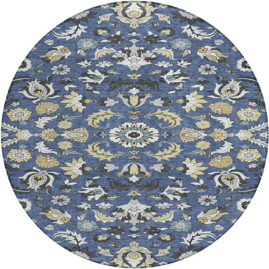 8' Navy Blue And Wheat Round Floral Medallion Washable Indoor Outdoor Area Rug Photo 1