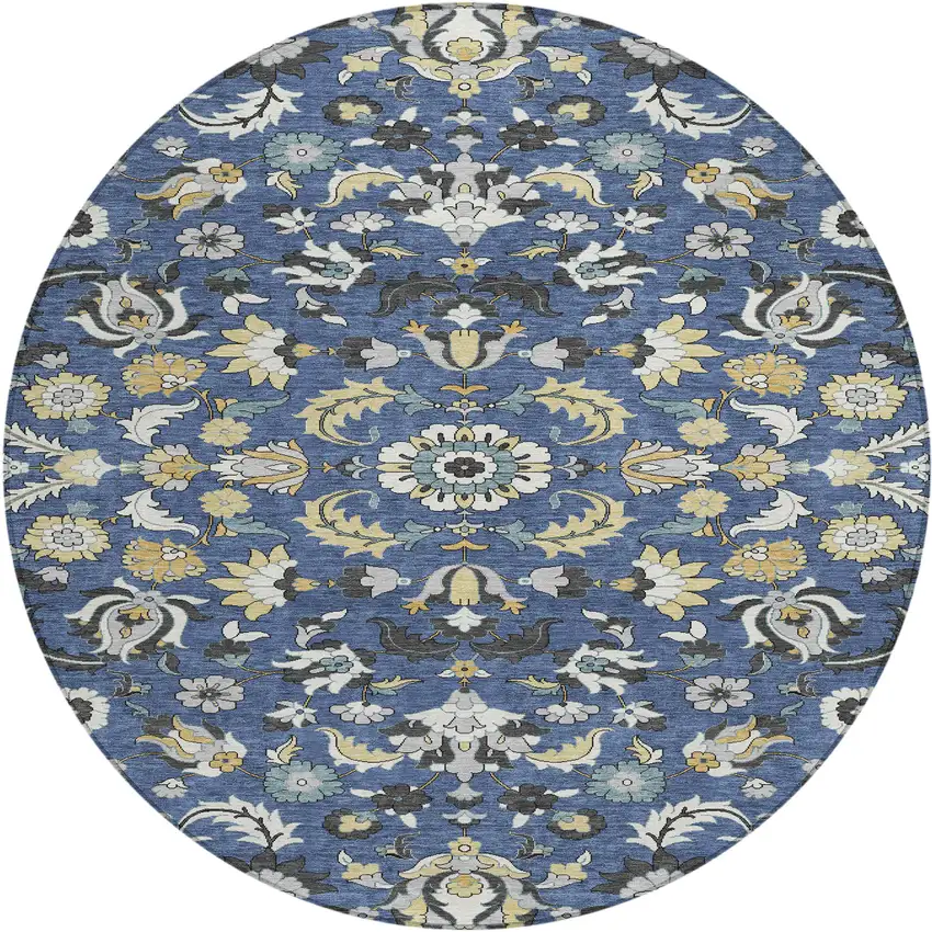 8' Navy Blue And Wheat Round Floral Medallion Washable Indoor Outdoor Area Rug Photo 1