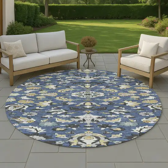 8' Navy Blue And Wheat Round Floral Medallion Washable Indoor Outdoor Area Rug Photo 4