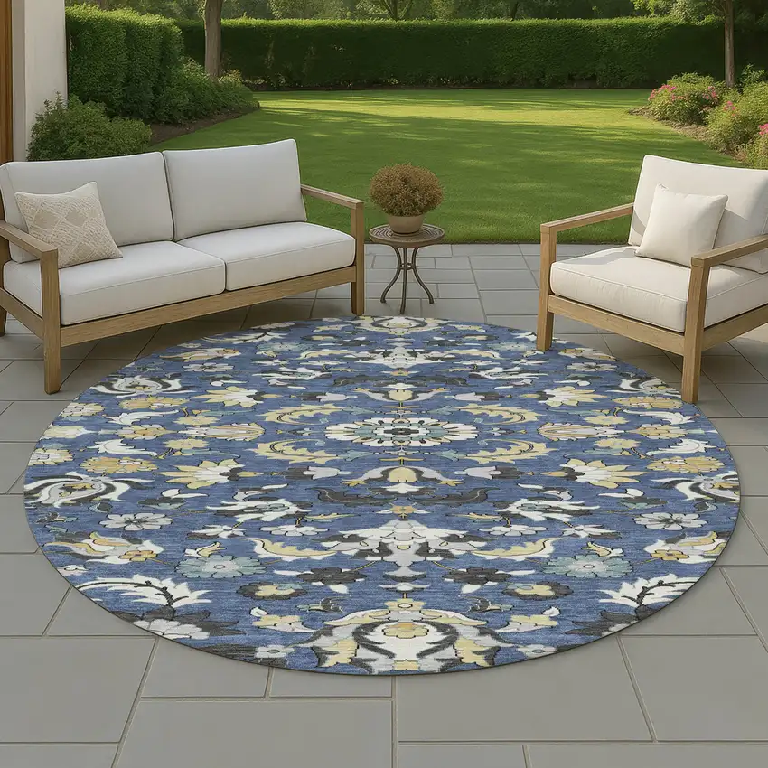 8' Navy Blue And Wheat Round Floral Medallion Washable Indoor Outdoor Area Rug Photo 4