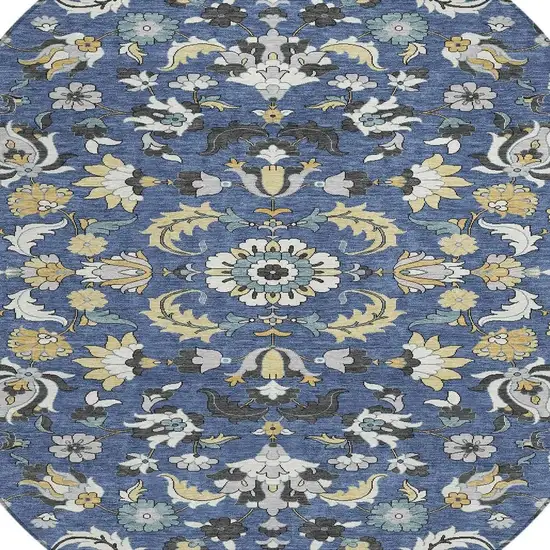 8' Navy Blue And Wheat Round Floral Medallion Washable Indoor Outdoor Area Rug Photo 3