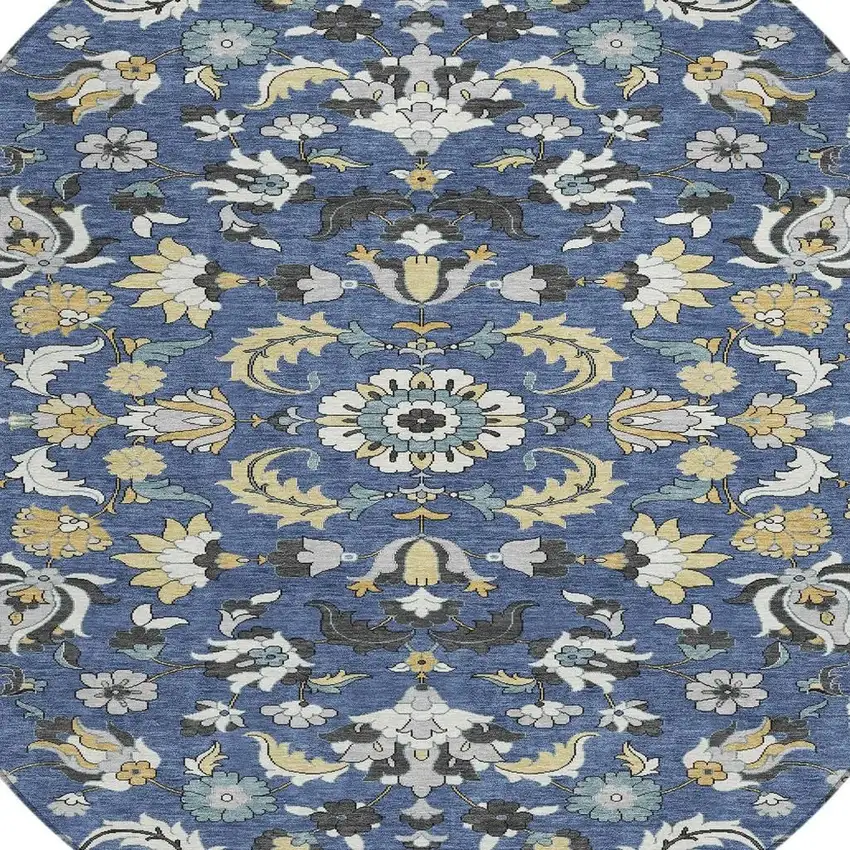 8' Navy Blue And Wheat Round Floral Medallion Washable Indoor Outdoor Area Rug Photo 3