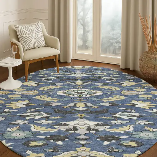 8' Navy Blue And Wheat Round Floral Medallion Washable Indoor Outdoor Area Rug Photo 5