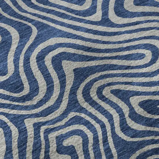 8' Navy Blue And White Abstract Washable Round Rug With UV Protection Photo 8