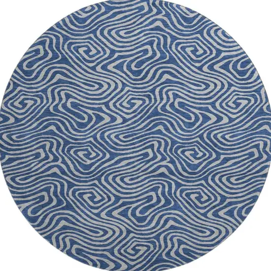 8' Navy Blue And White Abstract Washable Round Rug With UV Protection Photo 3