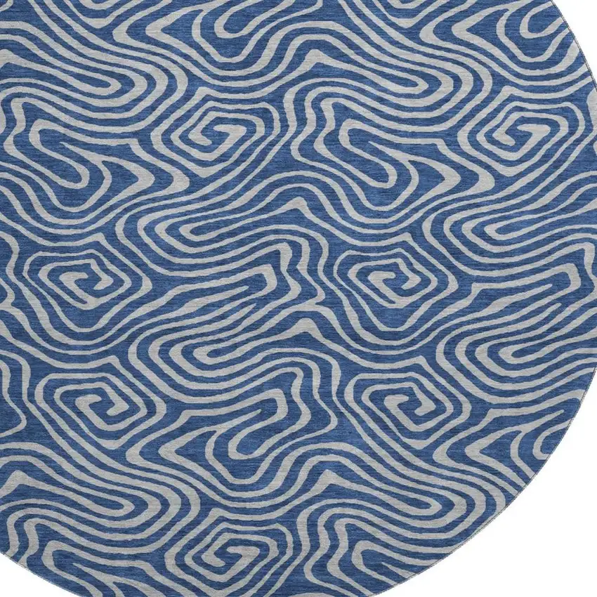 8' Navy Blue And White Abstract Washable Round Rug With UV Protection Photo 2