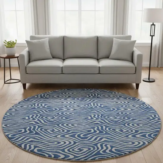 8' Navy Blue And White Abstract Washable Round Rug With UV Protection Photo 2