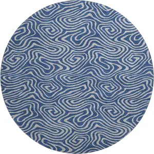 Photo of 8' Navy Blue And White Abstract Washable Round Rug With UV Protection