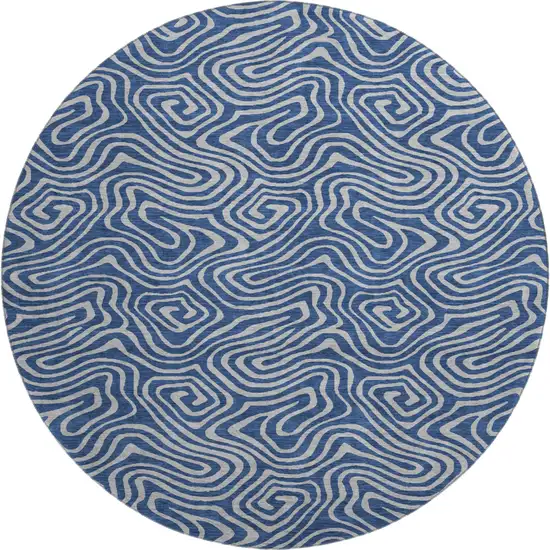 8' Navy Blue And White Abstract Washable Round Rug With UV Protection Photo 1
