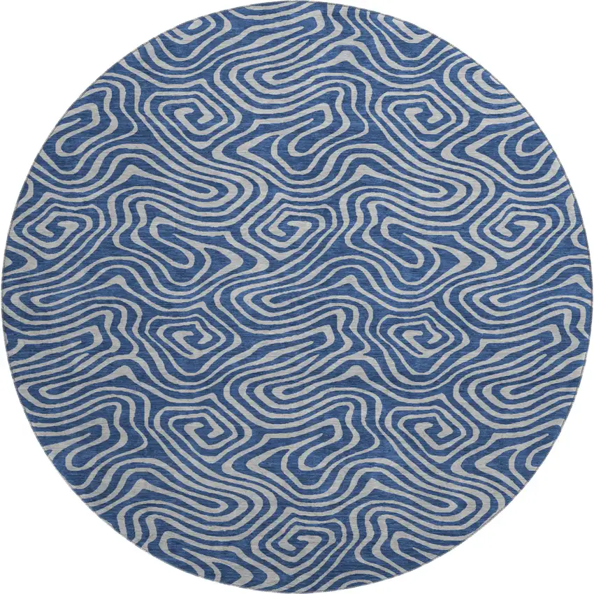 8' Navy Blue And White Abstract Washable Round Rug With UV Protection Photo 1