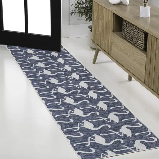 8' Navy Blue And White Animal Print Indoor Outdoor Runner Rug Photo 2