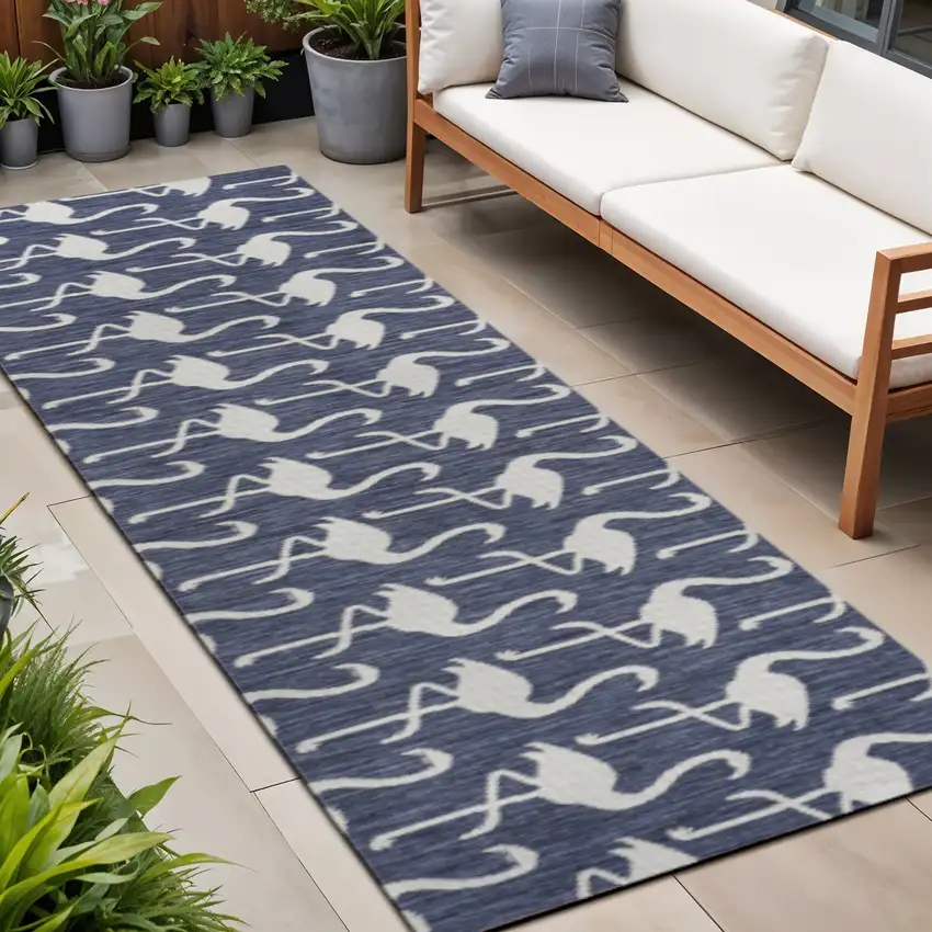 8' Navy Blue And White Animal Print Indoor Outdoor Runner Rug Photo 1