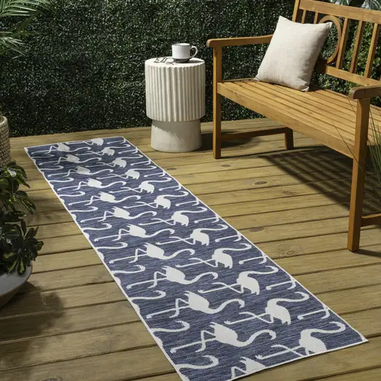 8' Navy Blue And White Animal Print Indoor Outdoor Runner Rug Photo 3