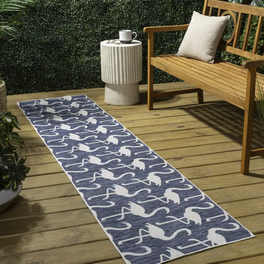 8' Navy Blue And White Animal Print Indoor Outdoor Runner Rug Photo 3