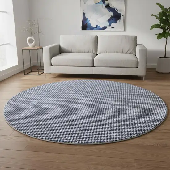 8' Navy Blue And White Houndstooth Washable Round Rug With UV Protection Photo 1