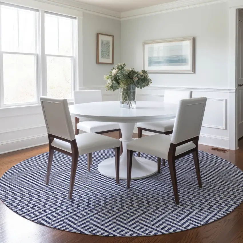 8' Navy Blue And White Houndstooth Washable Round Rug With UV Protection Photo 4