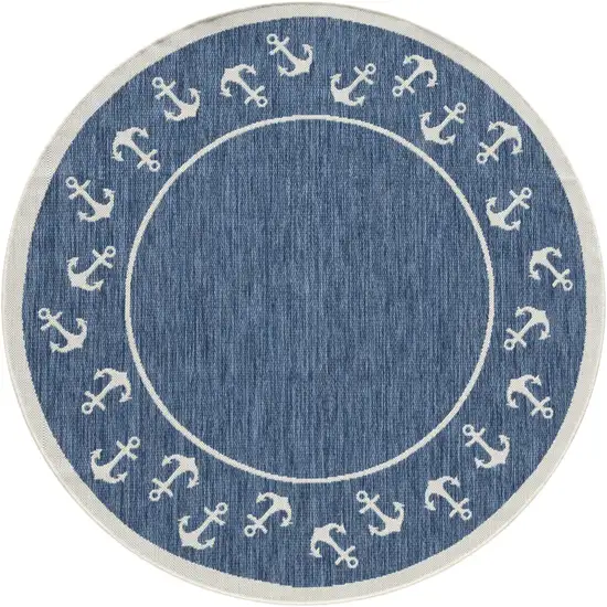 5' Navy Blue And White Oriental Round Rug Photo 1