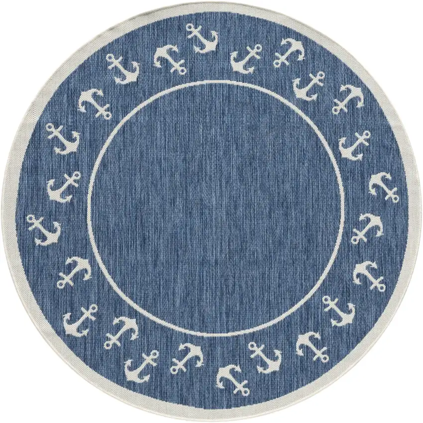 5' Navy Blue And White Oriental Round Rug Photo 1