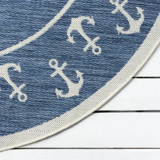 5' Navy Blue And White Oriental Round Rug Photo 7