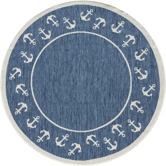 5' Navy Blue And White Oriental Round Rug Photo 2