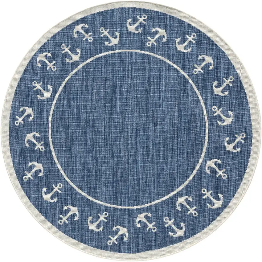 5' Navy Blue And White Oriental Round Rug Photo 2