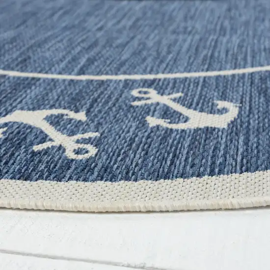 5' Navy Blue And White Oriental Round Rug Photo 5