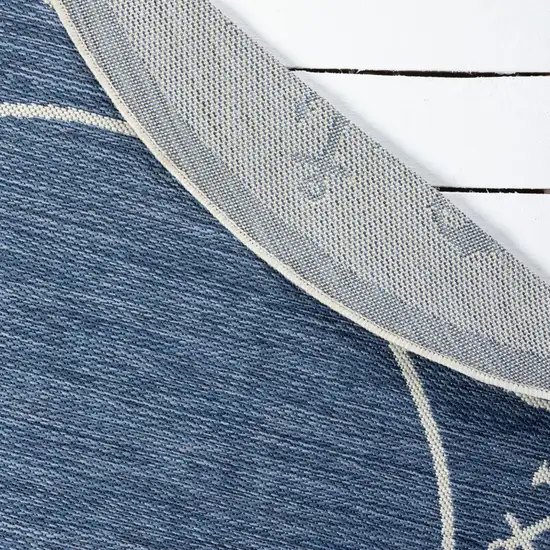 5' Navy Blue And White Oriental Round Rug Photo 8