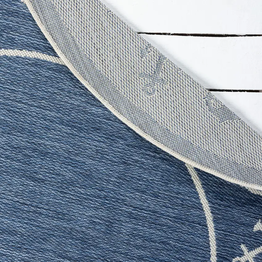 5' Navy Blue And White Oriental Round Rug Photo 8