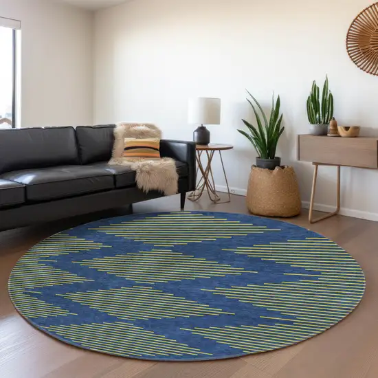 8' Navy Blue And Yellow Geometric Washable Round Rug With UV Protection Photo 4