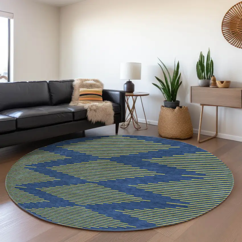 8' Navy Blue And Yellow Geometric Washable Round Rug With UV Protection Photo 4