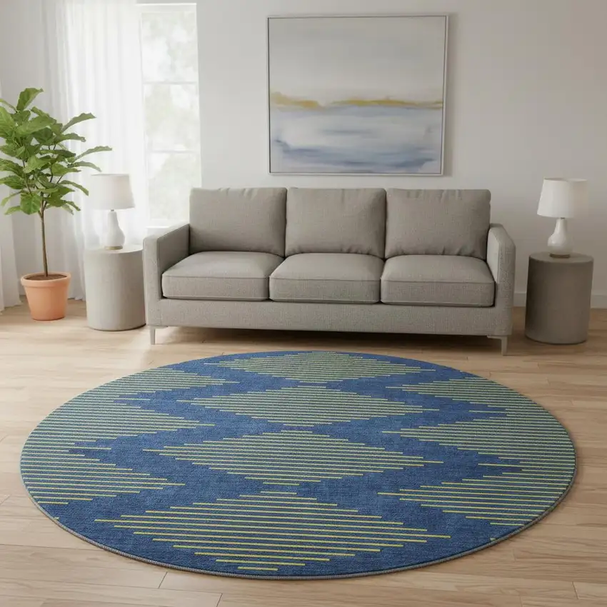 8' Navy Blue And Yellow Geometric Washable Round Rug With UV Protection Photo 2