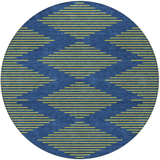 8' Navy Blue And Yellow Round Geometric Washable Indoor Outdoor Area Rug Photo 5