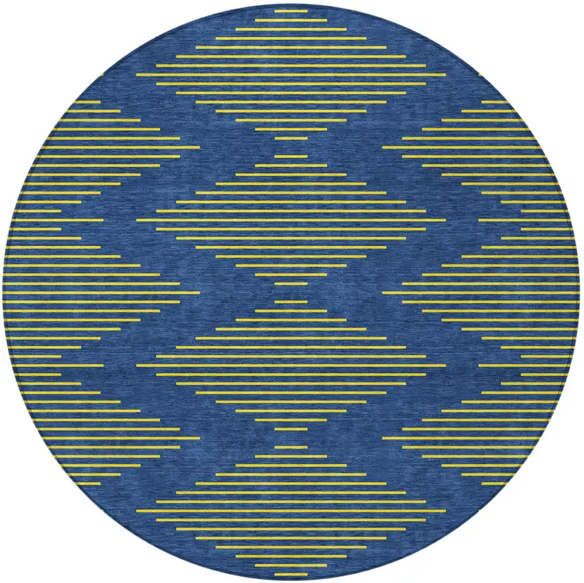8' Navy Blue And Yellow Round Geometric Washable Indoor Outdoor Area Rug Photo 5