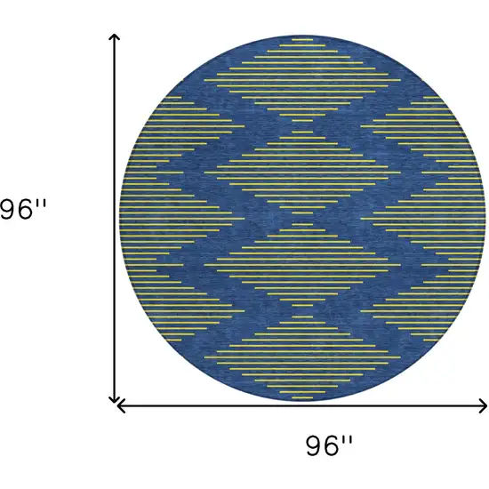 8' Navy Blue And Yellow Round Geometric Washable Indoor Outdoor Area Rug Photo 3