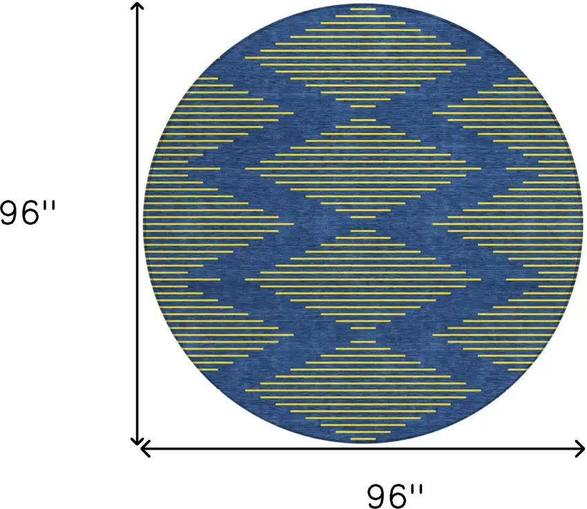 8' Navy Blue And Yellow Round Geometric Washable Indoor Outdoor Area Rug Photo 3