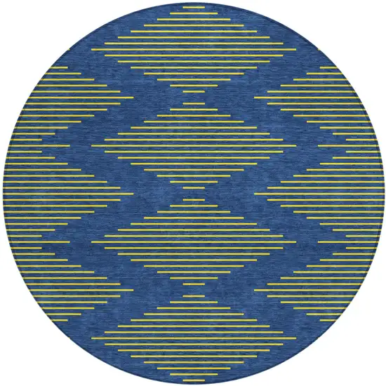 8' Navy Blue And Yellow Round Geometric Washable Indoor Outdoor Area Rug Photo 2
