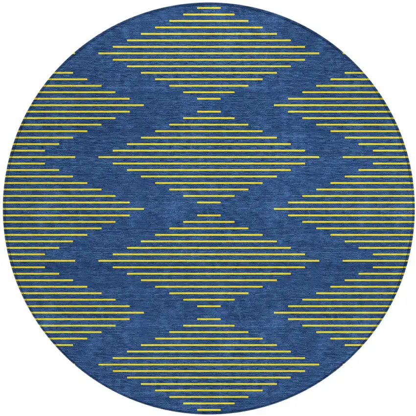 8' Navy Blue And Yellow Round Geometric Washable Indoor Outdoor Area Rug Photo 2
