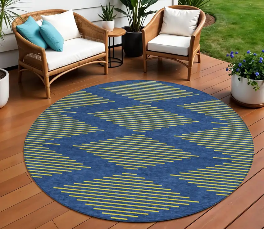 8' Navy Blue And Yellow Round Geometric Washable Indoor Outdoor Area Rug Photo 1