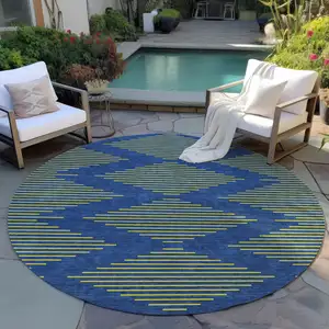 Photo of 8' Navy Blue And Yellow Round Geometric Washable Indoor Outdoor Area Rug