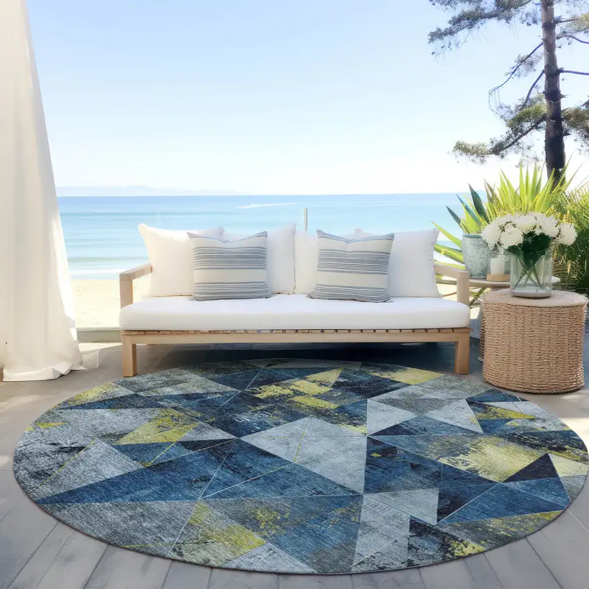 8' Navy Blue And Yellow Round Geometric Washable Indoor Outdoor Area Rug Photo 5