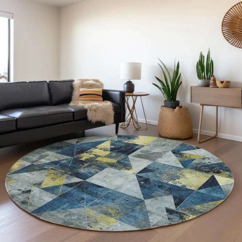 8' Navy Blue And Yellow Round Geometric Washable Indoor Outdoor Area Rug Photo 6
