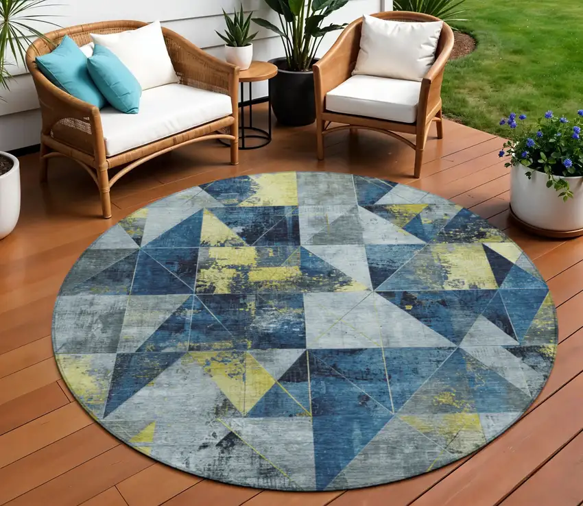 8' Navy Blue And Yellow Round Geometric Washable Indoor Outdoor Area Rug Photo 2