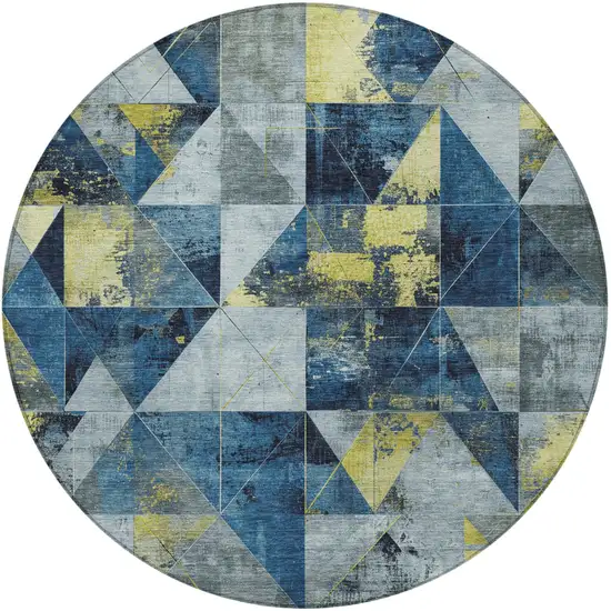 8' Navy Blue And Yellow Round Geometric Washable Indoor Outdoor Area Rug Photo 4