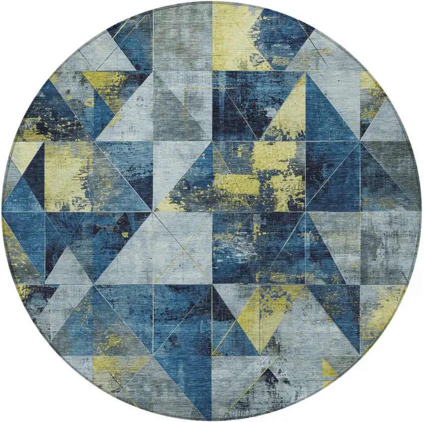 8' Navy Blue And Yellow Round Geometric Washable Indoor Outdoor Area Rug Photo 4